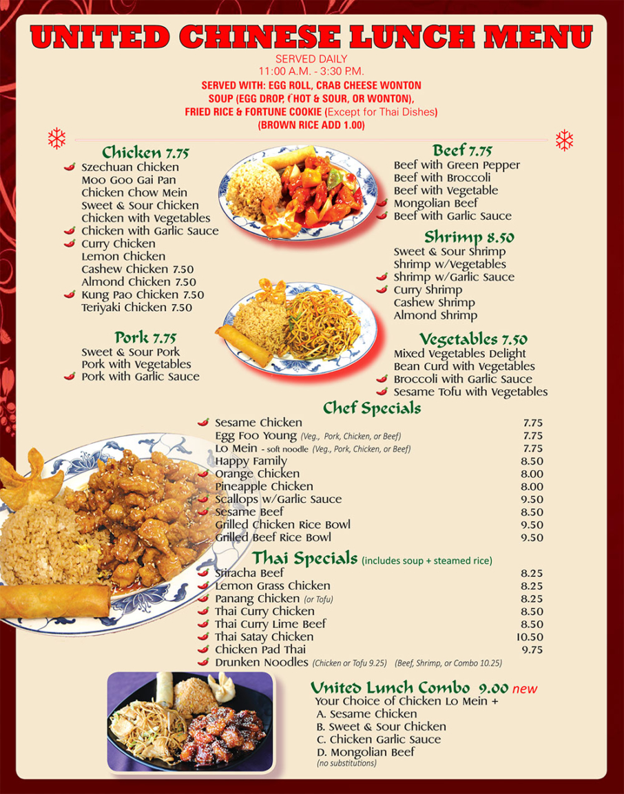 United Chinese Restaurant Lunch Menu